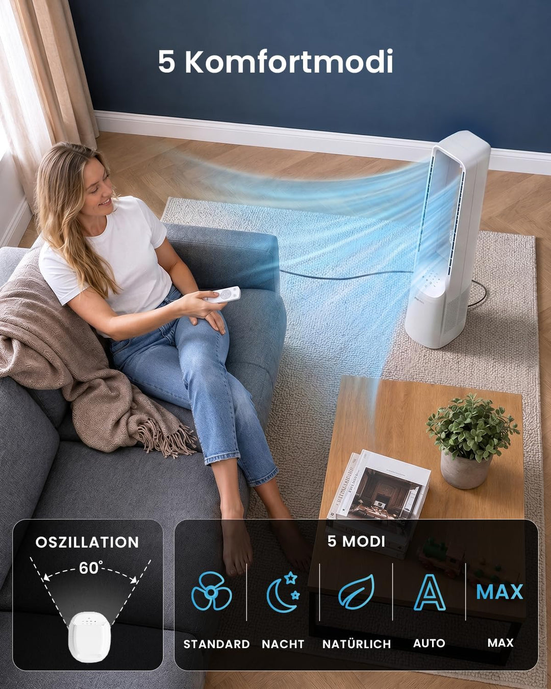 Pro Breeze 101cm rotorloser Ventilator, Gleichstrommotor, Ventilator mit Fernbedienung, LED Display,