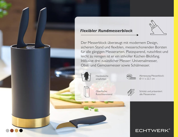 ECHTWERK Messerblock mit Borsteneinsatz |Küchenmesser Set 4tlg | Universalmesser | Schälmesser | Gem