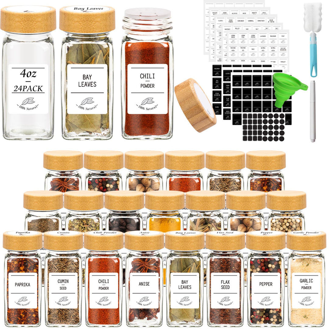 Gewürzgläser mit Bambusdeckel, 120 ml, Glas-Gewürzgläser mit Etiketten, minimalistische, leere Gewür