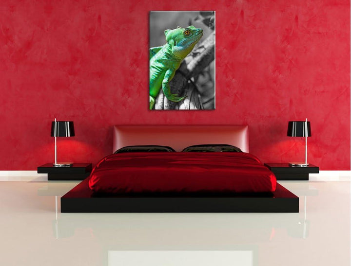 schönes kleines Chamäleon schwarz/weiss auf Leinwand, XXL riesige Bilder fertig gerahmt mit Keilrahm