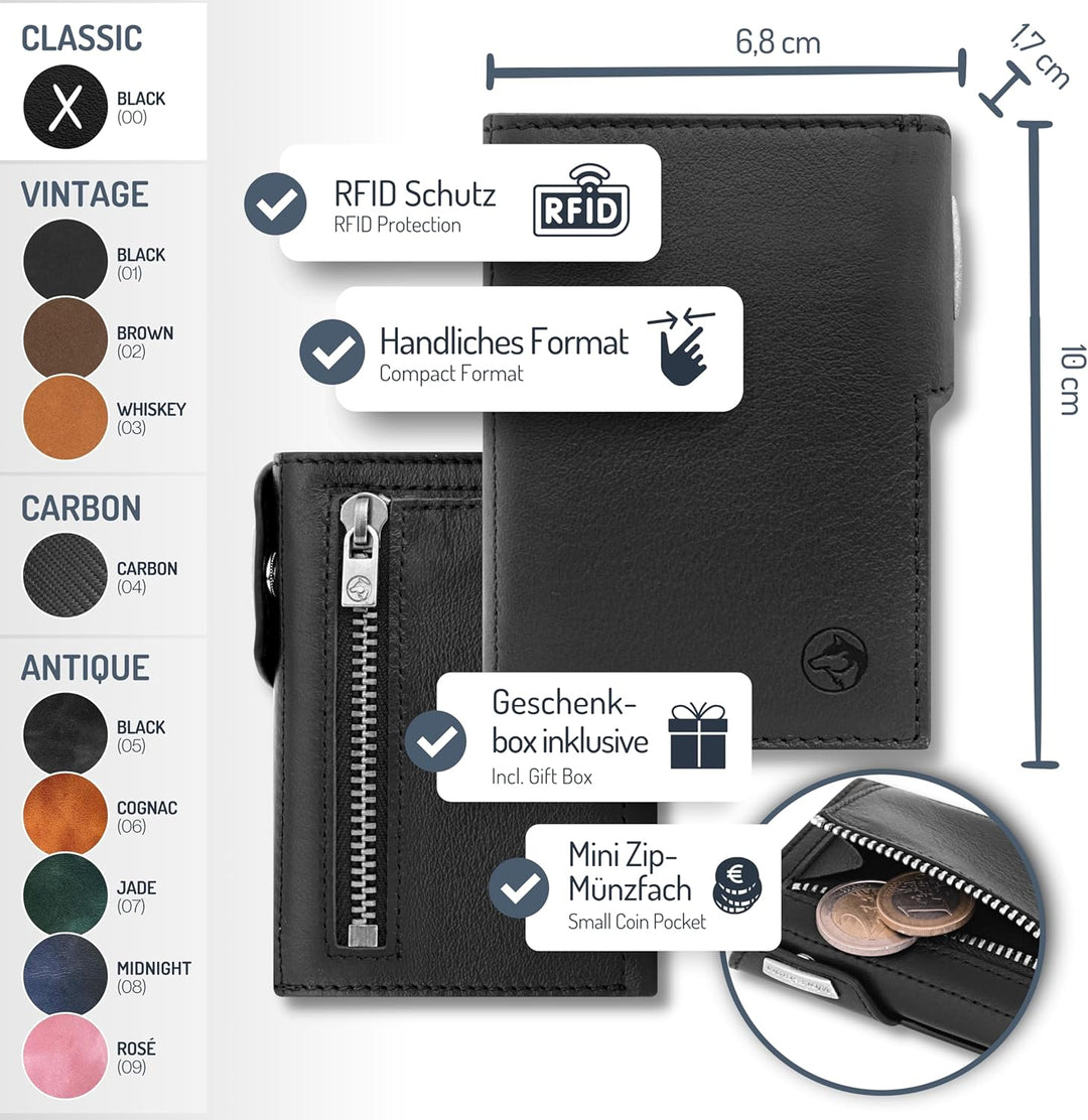 Wolfstrøm Slim Wallet 'Svente' I 11 Karten Mini Geldbörse Herren klein mit Münzfach, RFID Blocker I