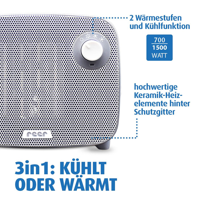 Reer FeelWell Air Heizlüfter für Babys 3in1 - Zuverlässig, Wärmend, Sicher - 2 Wärmestufen und Kühlf