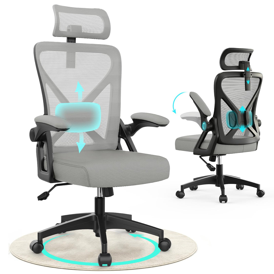 Bürostuhl, ergonomischer Schreibtischstuhl mit gepolsterter Lendenwirbelstütze und hochklappbaren Ar