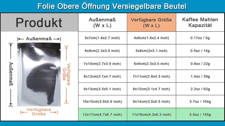WACCOMT Pack 200 Stücke Farbig Mylar Folie Obere Öffnung Versiegelbare Beutel Vakuum Heisssiegelbeut