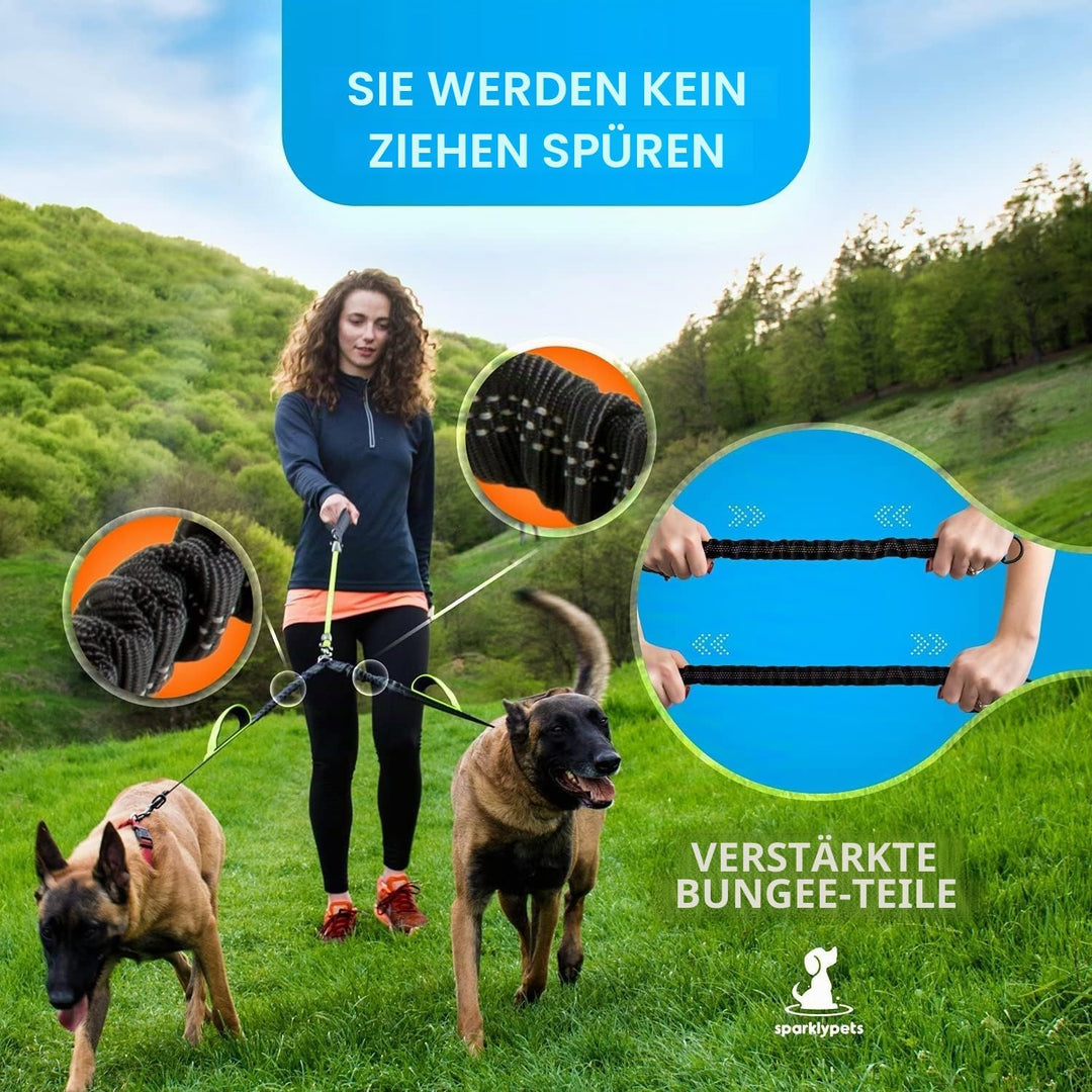 Hundeleine für 2 Hunde mit Bungee Verlängerung für Grosse und Mittelgrosse Hunde mit Ruckdämpfer | R