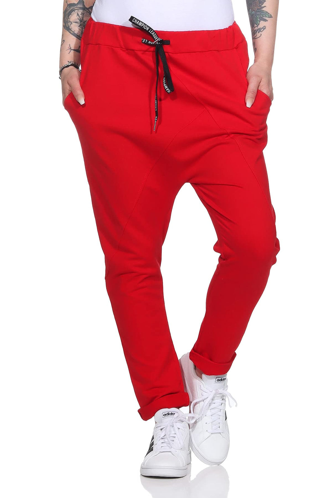 Damen Baumwoll Freizeithose Baggy Boyfriend Style Jogger Ladies Pants mit elastischem Bund 36-40 Rot