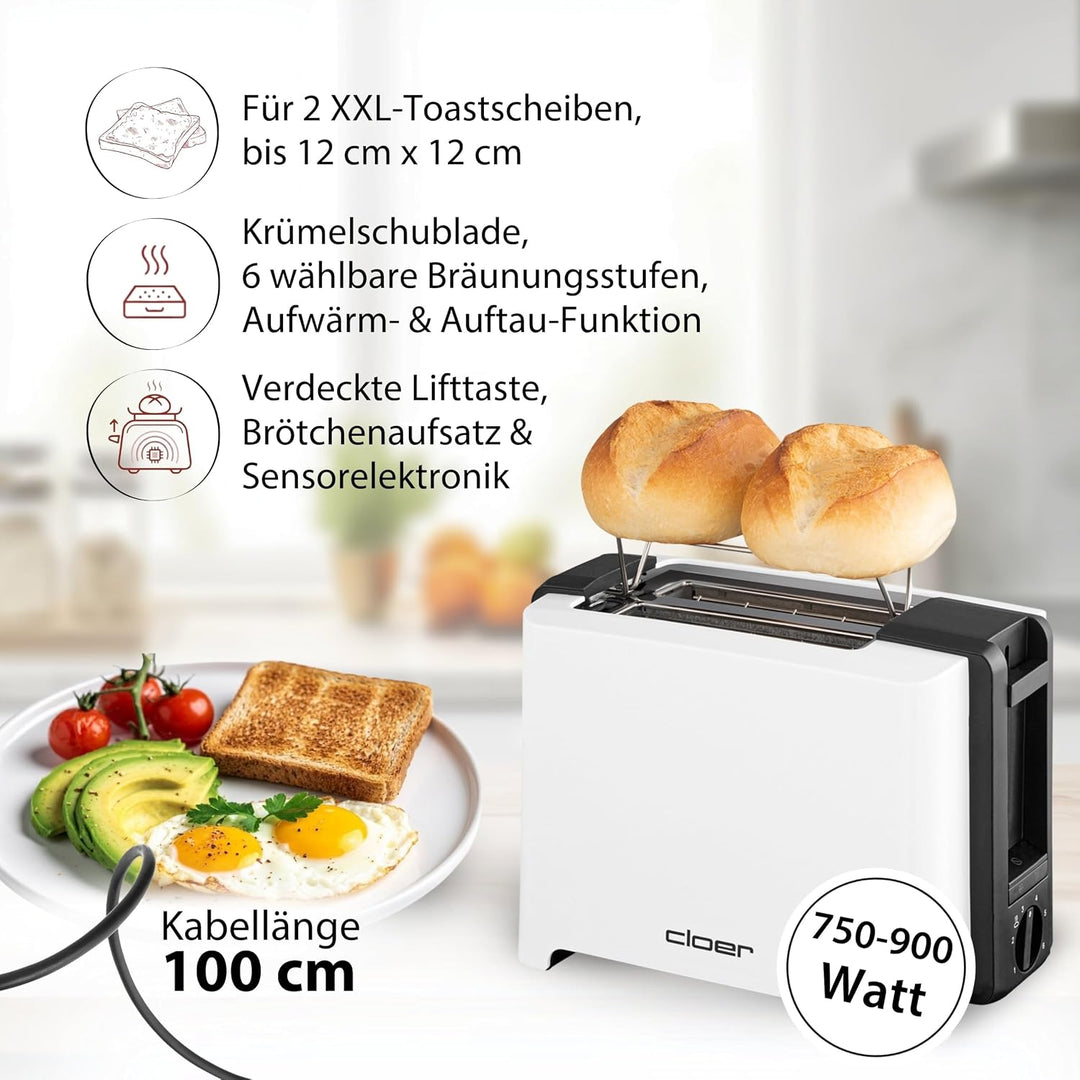 Cloer 3531 Full-Size Toaster für 2 XXL Toastscheiben, 750-900 Watt, Toast-Check-Funktion, Brötchenau