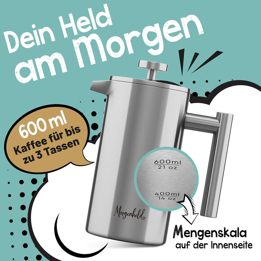 Premium thermo Edelstahl French Press 600 ml 3 Ersatz Filter Stempelkanne Kaffeepresse Isolierkanne