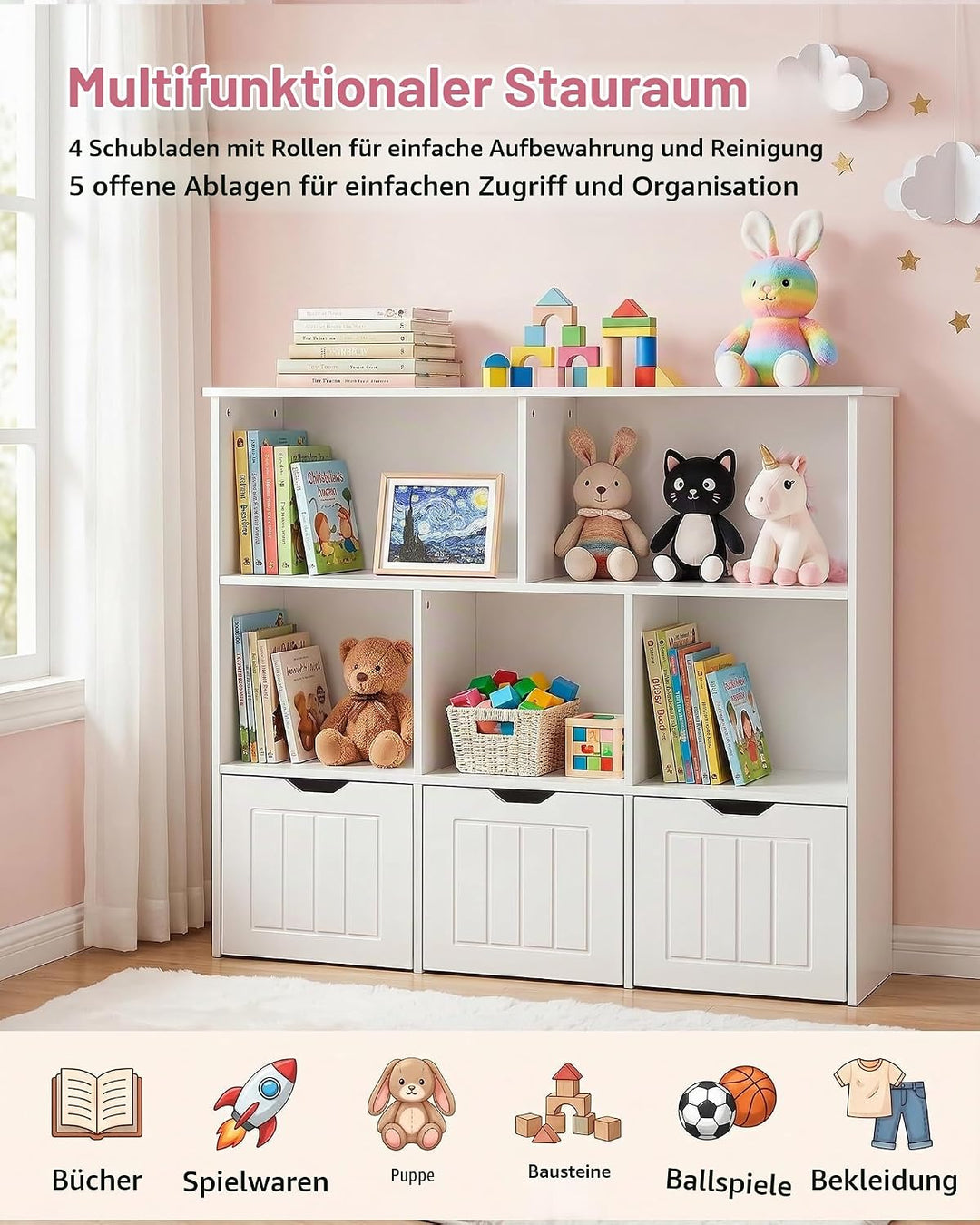 Kinderregal mit Boxen, Kinderzimmer Möbel, Spielzeugregal mit 3 Schubladen, Aufbewahrungsregal auf R