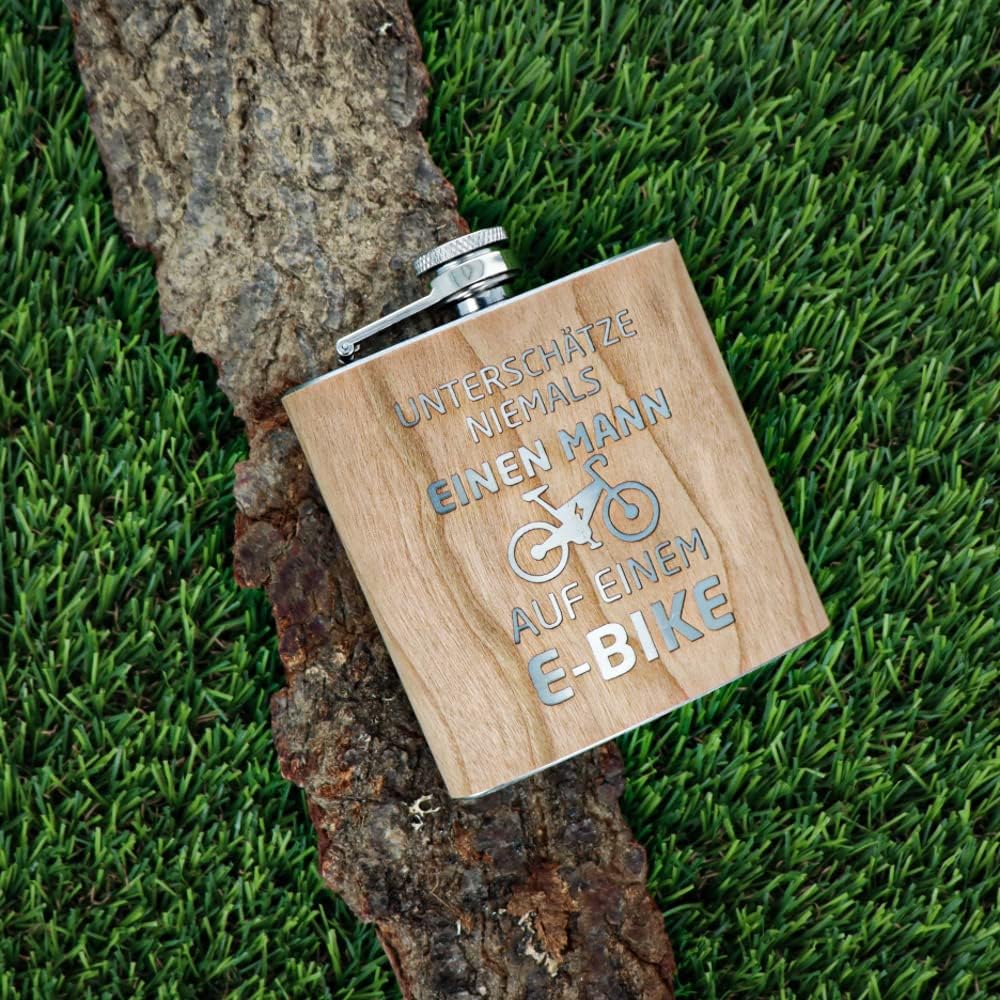 Spruchreif | Gravierter Edelstahl Flachmann | Holz Flachmann mit Gravur E-Bike | Outdoor Geschenk |