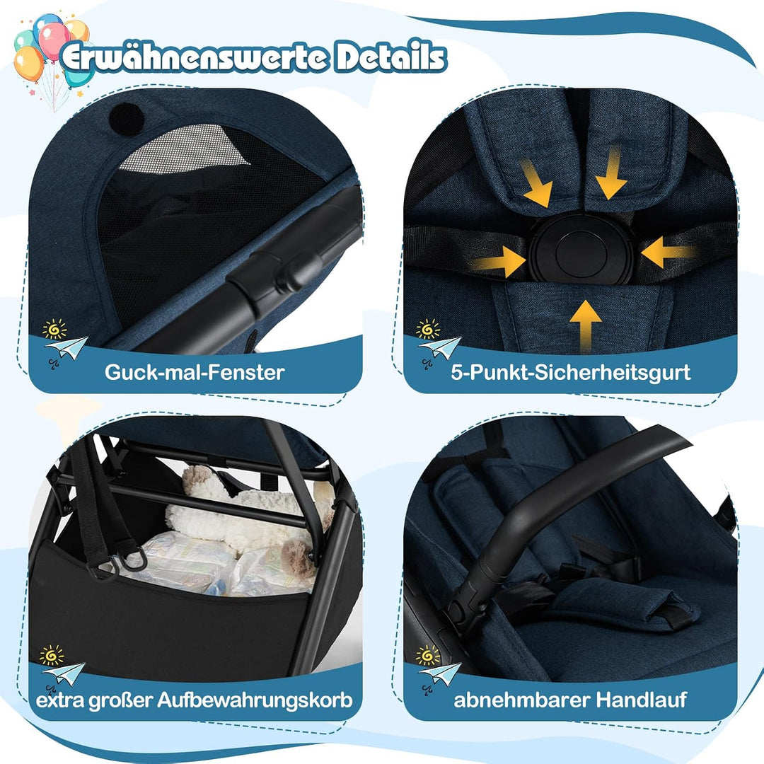 DREAMADE Kinderwagen faltbar, Reisebuggy für Kinder 0-3 Jahren, Buggy mit verstellbarem Sonnendach,
