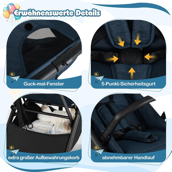DREAMADE Kinderwagen faltbar, Reisebuggy für Kinder 0-3 Jahren, Buggy mit verstellbarem Sonnendach,