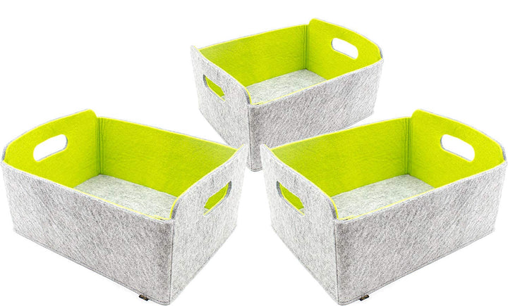 Luxflair 3er Set Faltbarer Aufbewahrungskörbe aus waschbarem Filz Graumeliert/grün, 30x24x15cm. Ordn
