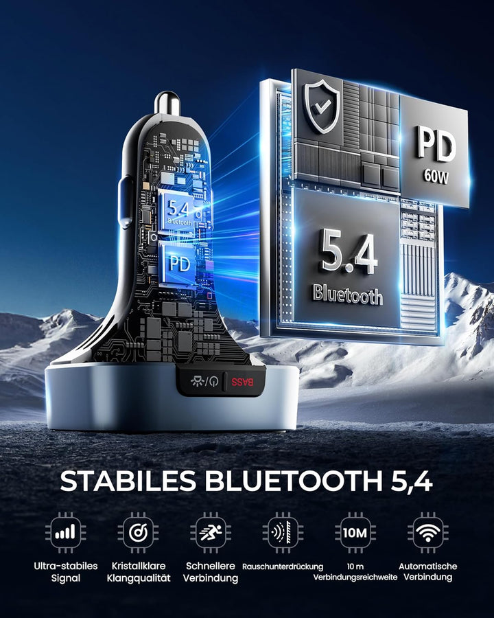 LENCENT Bluetooth 5.4 FM Transmitter Auto Bluetooth Adapter, 60 W PD 30 W Dual-USB-C-Schnellladung,