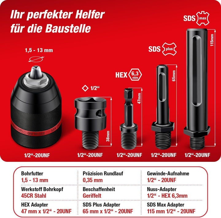 SCHWABENBACH ® Schnellspannbohrfutter Komplett Set 5tlg, 1,5-13mm 1/2-20UNF für Bohrmaschinen und Sc