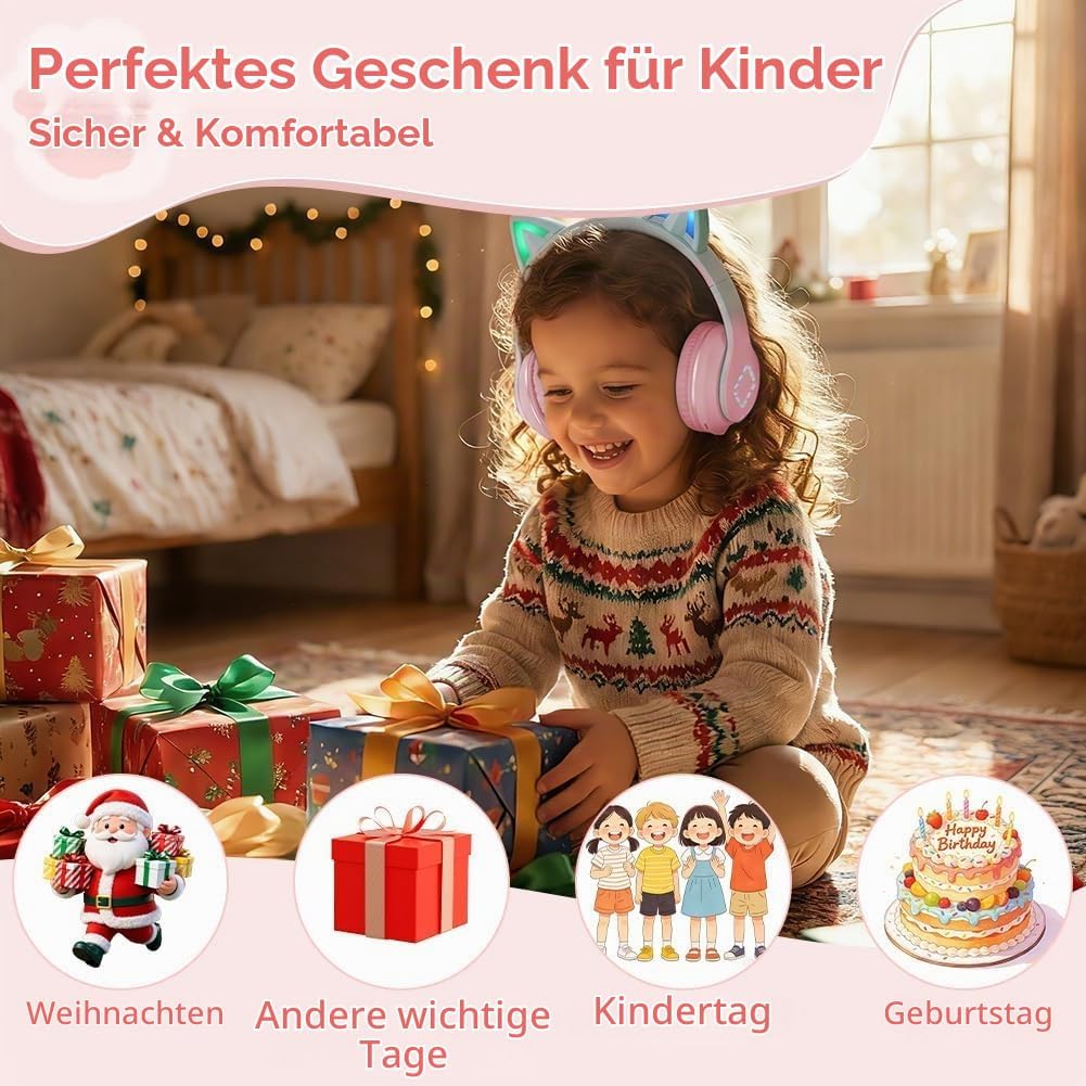 Kinder Bluetooth Kopfhörer, Katzenohr LED Lichter, Bluetooth 5.3 Stereo, Verstellbares Kopfband, 85d