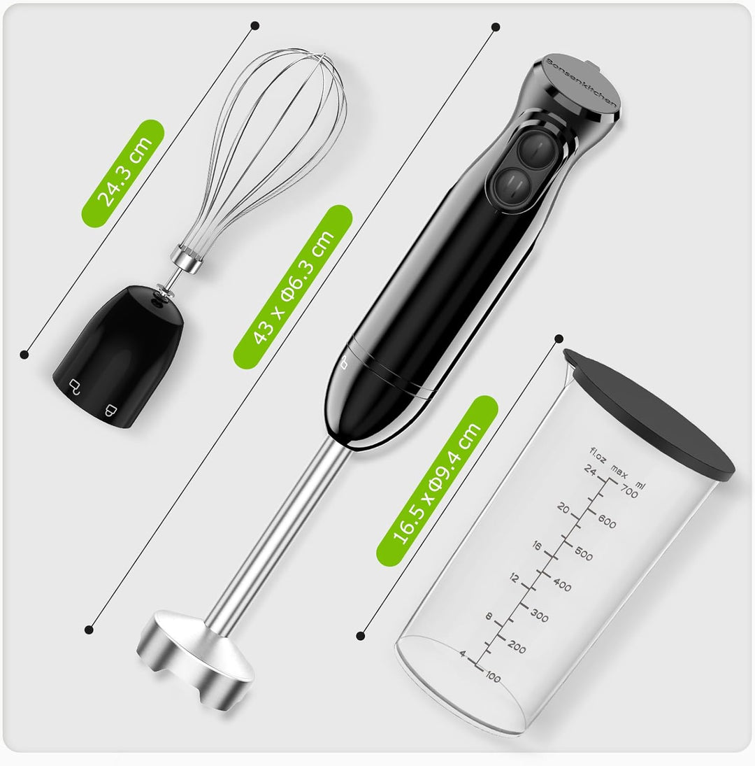 Bonsenkitchen 3 in 1 Elektrischer Stabmixer, 1000W Pürierstab mit Schneebesen/Messbecher, Stufenlose