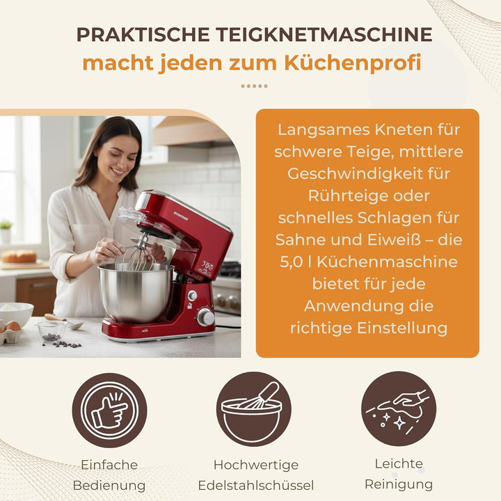Syntrox 5,0 l Küchenmaschine Wezen | Knetmaschine | Rührmaschine | Spiralkneter, Multifunktional, 5