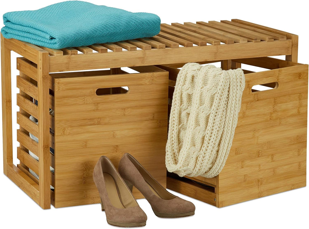Relaxdays Sitzbank mit Stauraum, Bambus, 2 Aufbewahrungsboxen, Bank für Flur, Bad, Garderobe, HBT 44