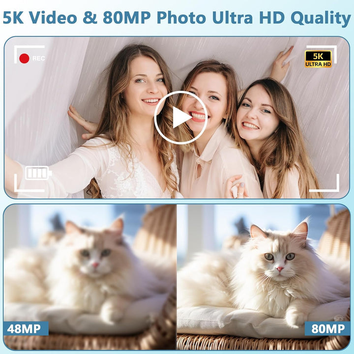 Digitalkamera 5K 80MP Kamera Fotokamera mit 2,4" LCD Screen & 1,5" Selfie Display, 18X Digitalzoom,