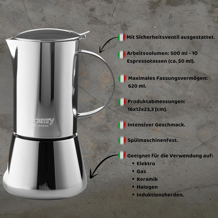 CAMRY - Klassischer Espressokocher aus Edelstahl 500 ml - Induktionsfähiger Mokkakanne für alle Arte