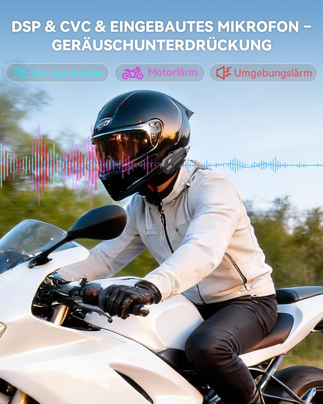 N8 Motorrad Intercom Mesh 3.0, 2000m Helm Kommunikation für 8 Fahrer | 45MM Hi-Fi, Dual Qualcomm Blu