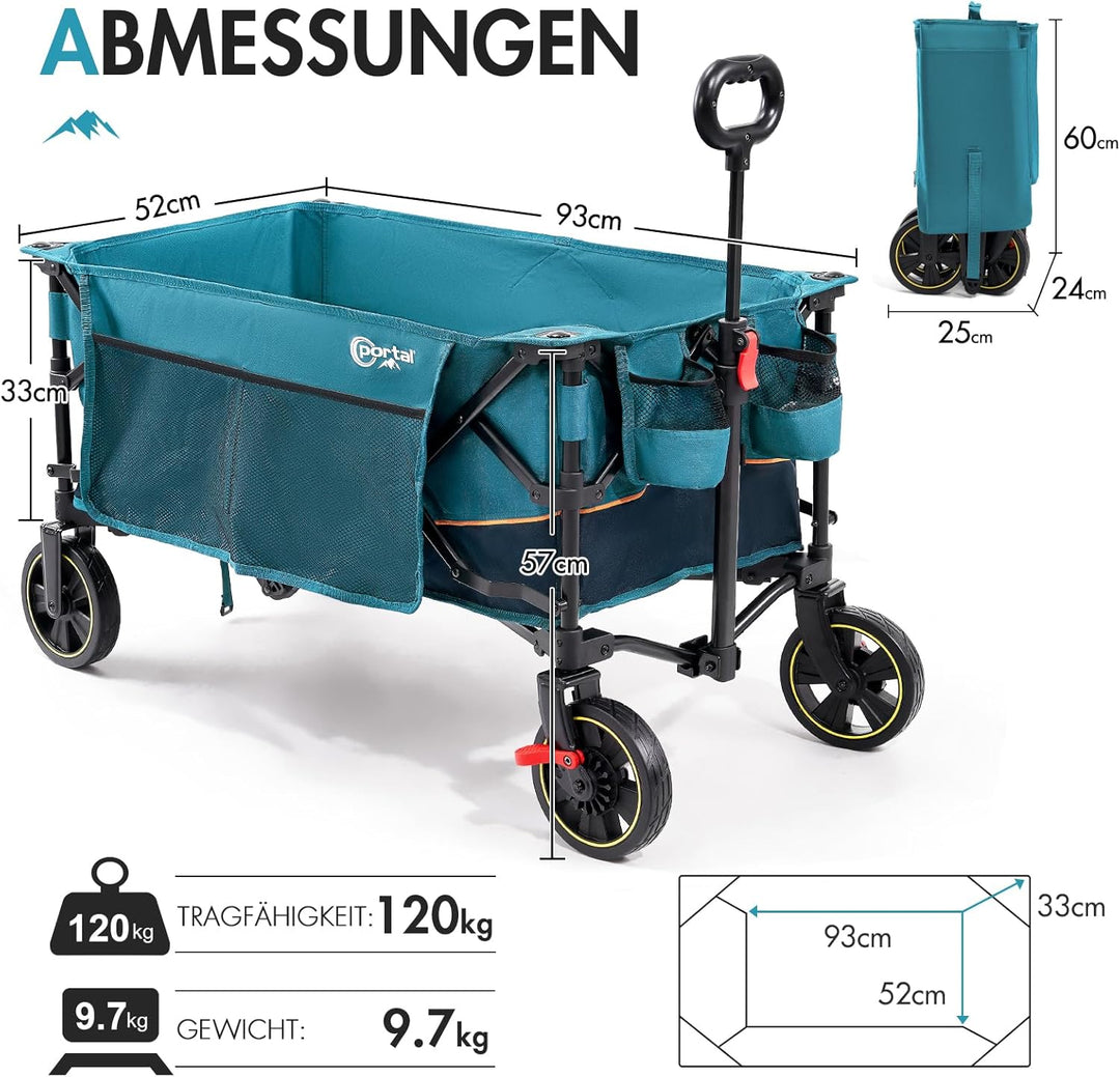 Portal Bollerwagen faltbar XXL Grosse Ladefläche 120kg belastbar Handwagen mit Getränkehalter Seiten