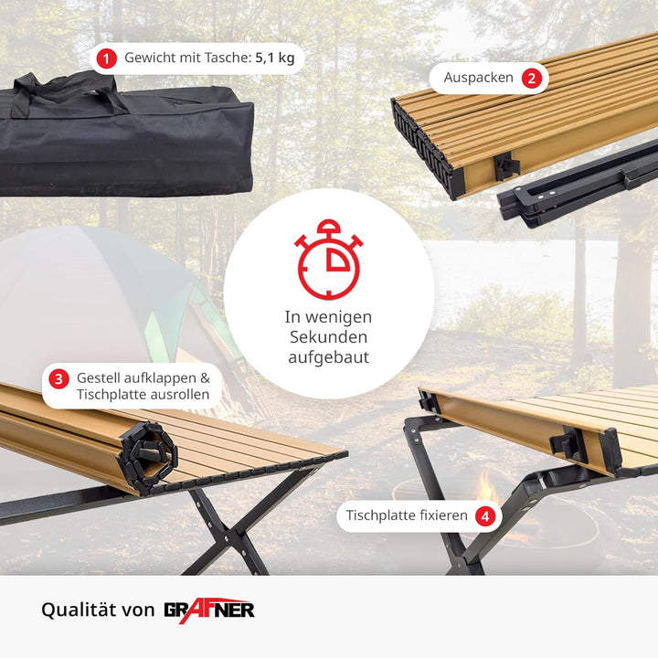 Grafner XXL Campingtisch in Holzoptik klappbar, 118 x 58 x 43 cm, niedrige Ausführung, kleines Packm