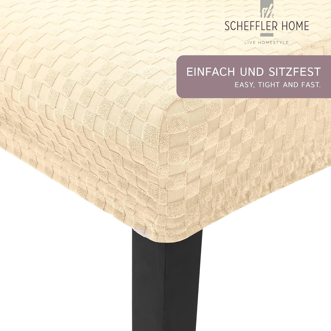 Scheffler-Home Stuhlhussen Emil Creme 4er Set Schachbrett Muster Karo 3D-Textur Stretch elastische S