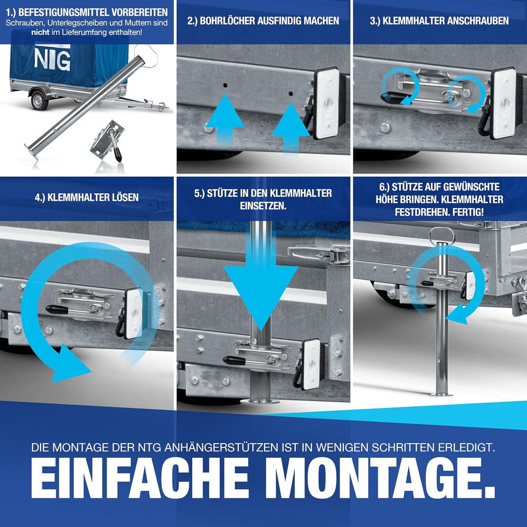 NTG Anhänger Stütze 600 mm 300 kg Traglast Ø48 mm - höhenverstellbar Stahl | Stützfuss Stützrad für