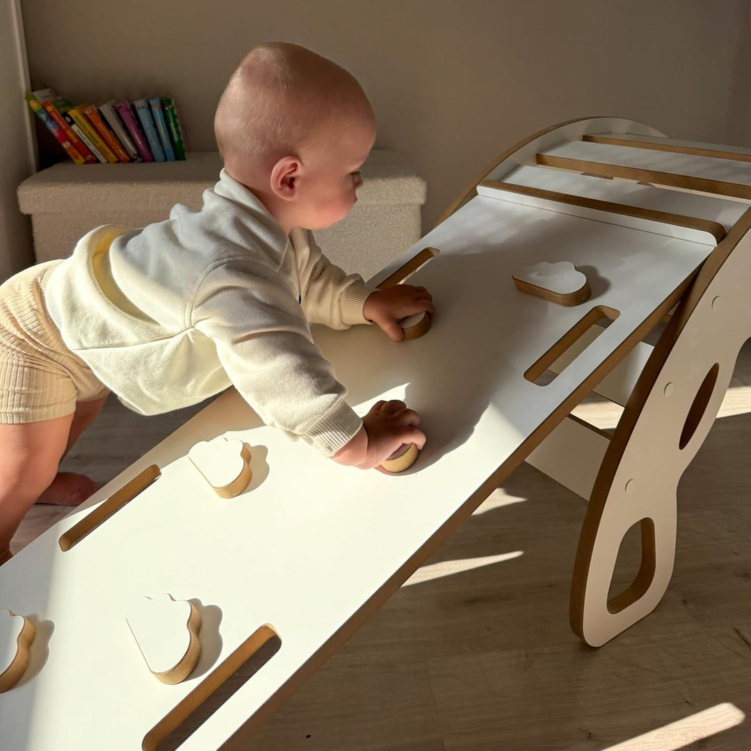 MISIOO Baby Wippe mit Spielbogen Holz für Kinder – Wippe Baby mit Kletterwand, Rutsche und Kissen Se