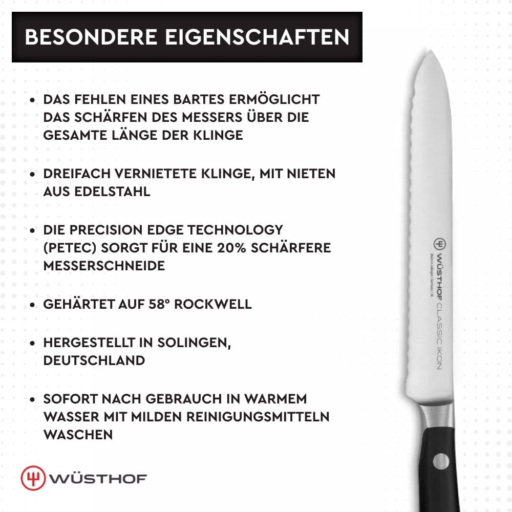 WÜSTHOF Classic Ikon Aufschnittmesser 14 cm, Schwarz 14 cm Gemüsemesser mit Wellenschliff, 14 cm Gem