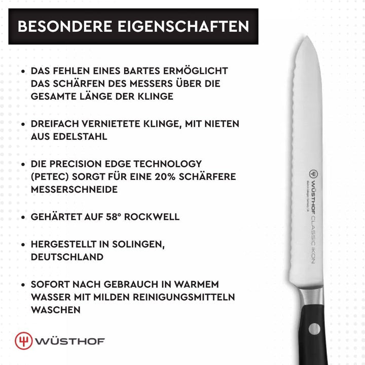 WÜSTHOF Classic Ikon Aufschnittmesser 14 cm, Schwarz 14 cm Gemüsemesser mit Wellenschliff, 14 cm Gem