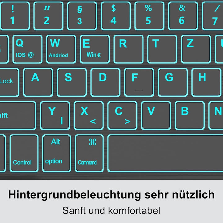 Bluetooth Tastatur Deutsches Layout für 10+ Zoll Tablets, Mit 7-Farben Hintergrundbeleuchtung, Ohne