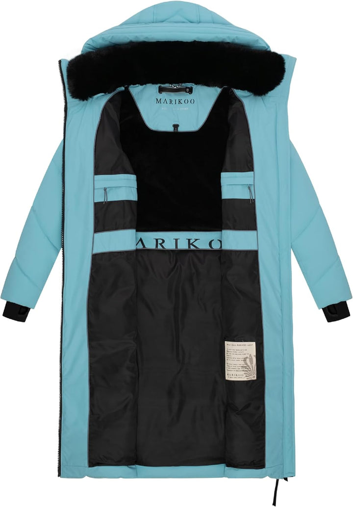 MARIKOO Damen Wintermantel warmer Steppmantel lang mit verstellbarer Kapuze und hohem Kragen Nadaree