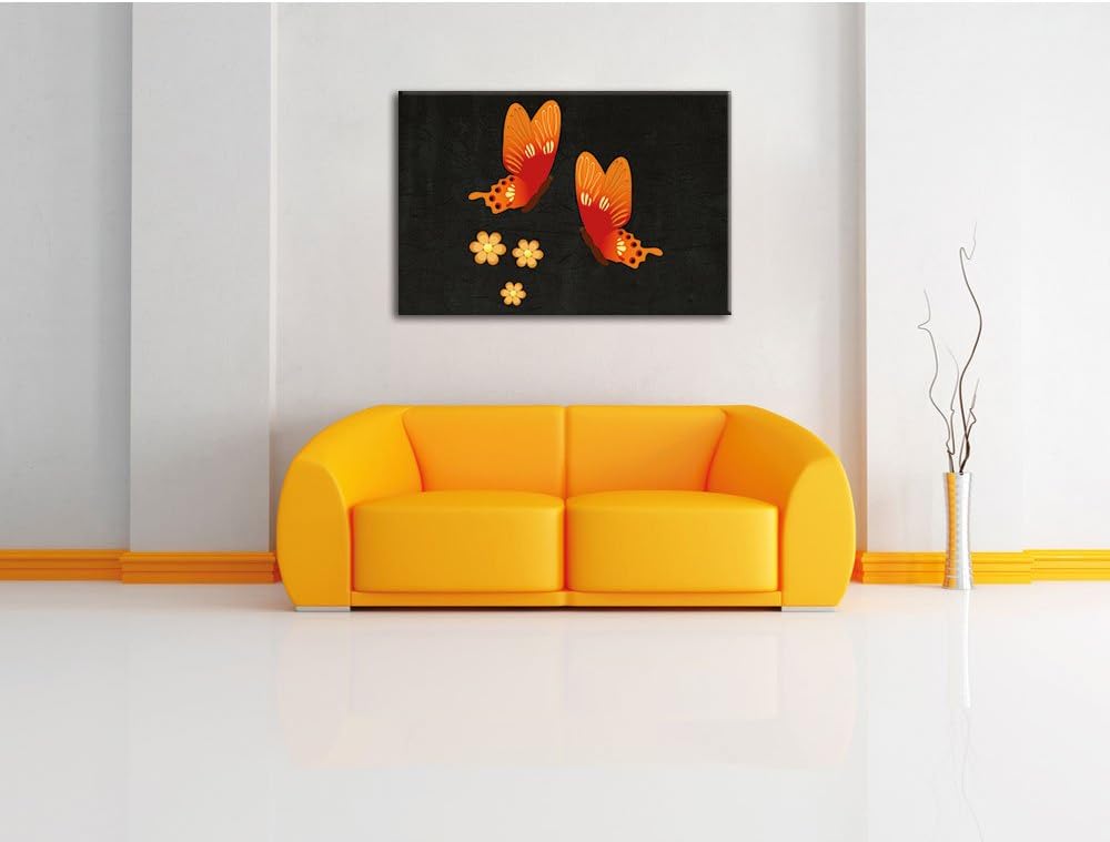 Pixxprint prachtvolle Schmetterlinge mit Blumen schwarz, Format: 100x70 auf Leinwand, XXL riesige Bi
