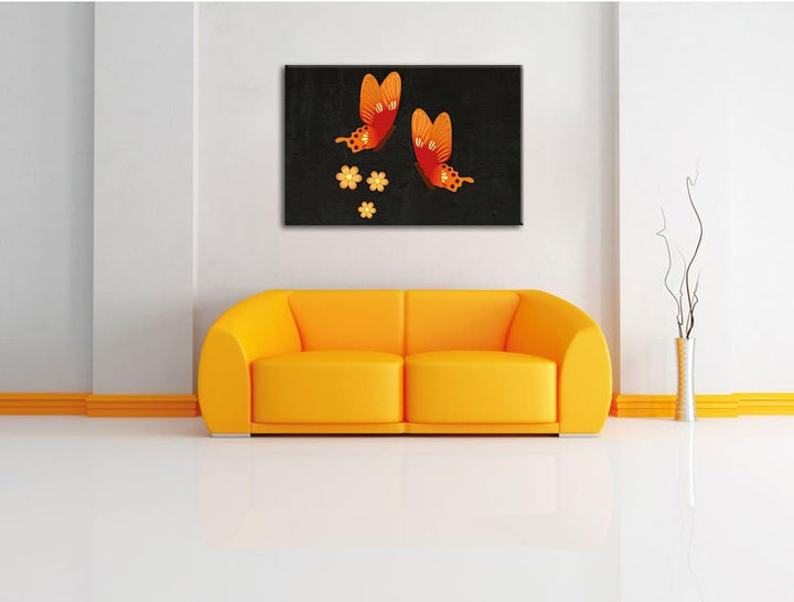 Pixxprint prachtvolle Schmetterlinge mit Blumen schwarz, Format: 100x70 auf Leinwand, XXL riesige Bi