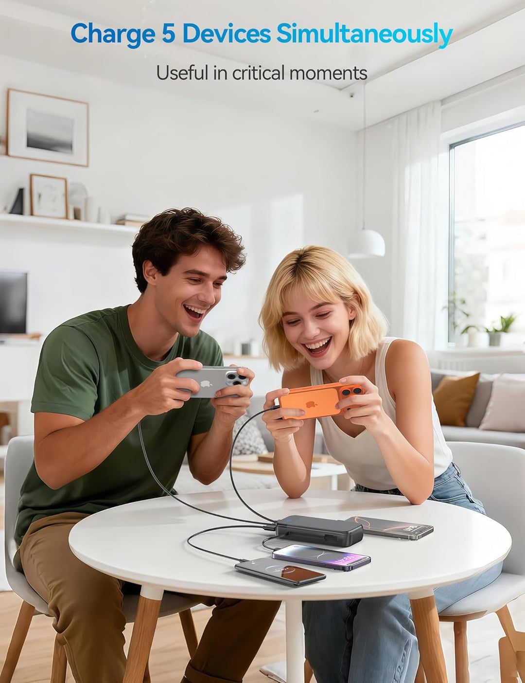 Power Bank 20000 mAh, 22,5 W USB-C Schnellladung, Powerbank mit 2 Kabel, 5 Ausgänge, 3 Eingänge, Kom