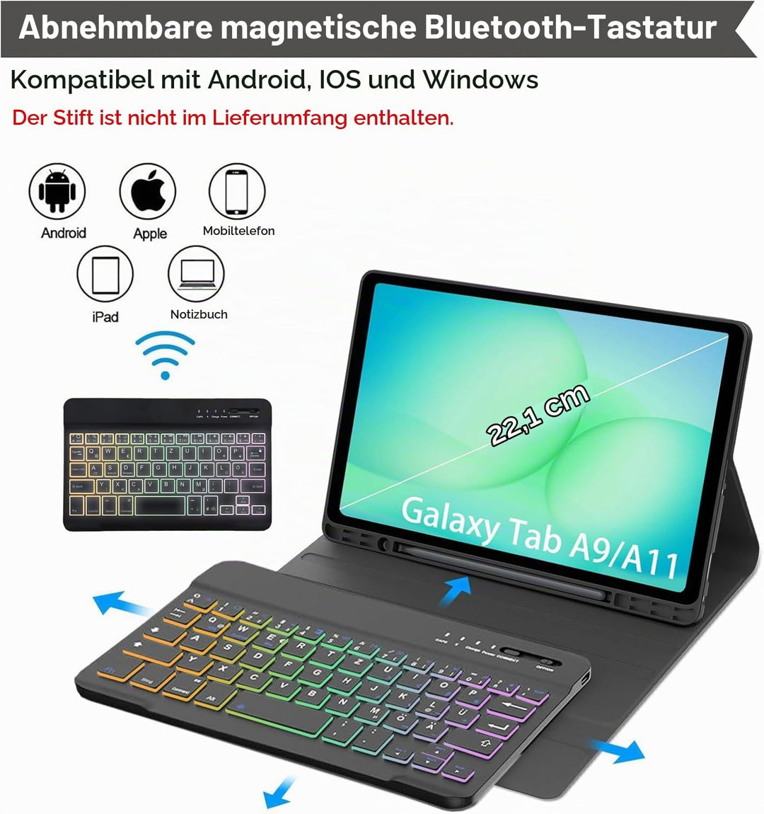 Tastatur Hülle mit Schutzfolie für Samsung Galaxy Tab A11/A9 8.7 Zoll (2025/2023) Tablet, 7-Farben B