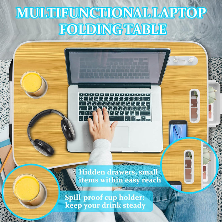 Soontrans Laptoptisch, 60 x 40 x 28 cm, Laptop Tisch mit Schublade, Getränkehalter, Kleiner Ventilat