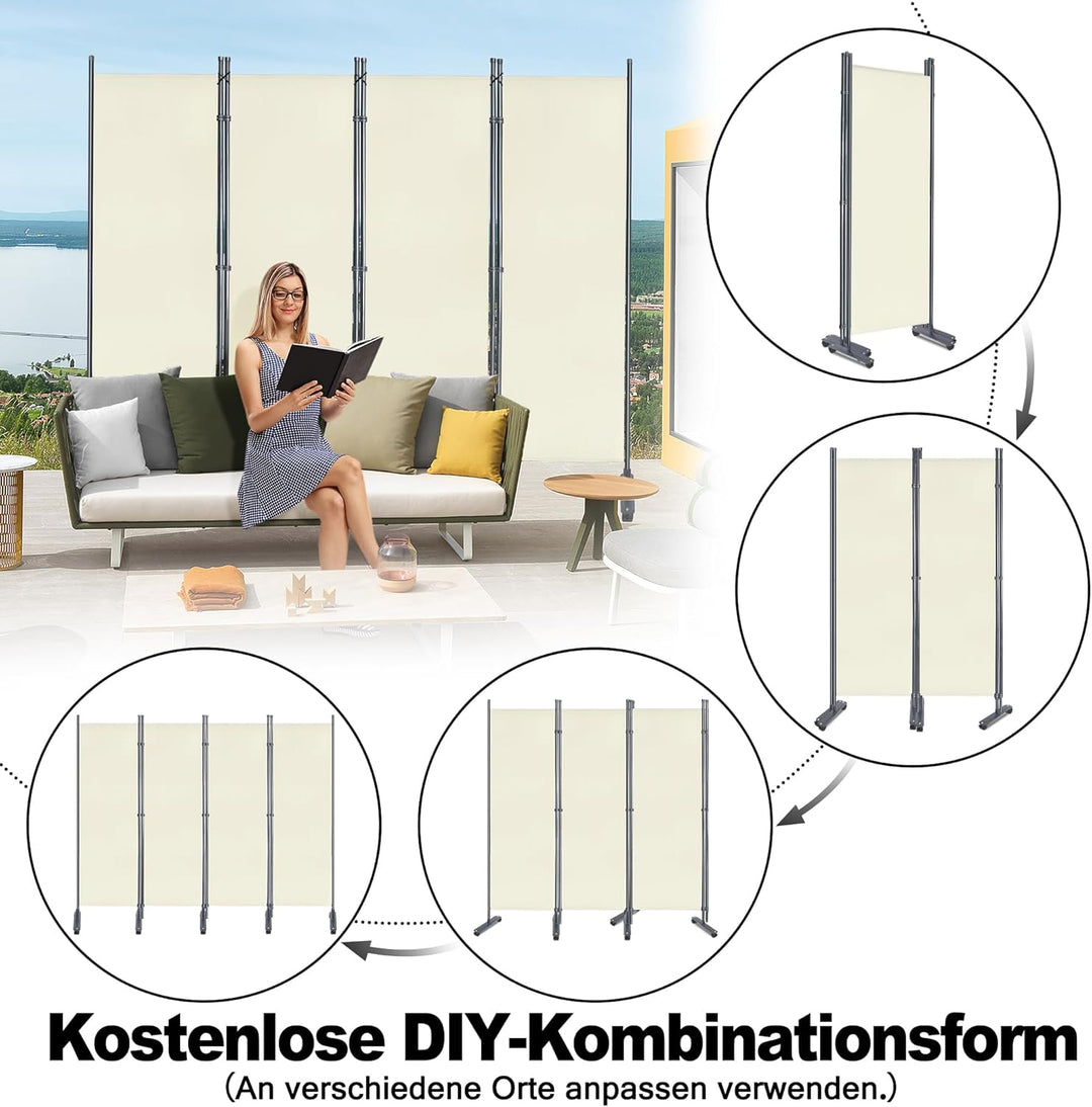 JOIEYOU Paravent Outdoor Sichtschutz Trennwand 4 Teilig 225x185cm Raumtrenner mit Rädern, Flache Füs