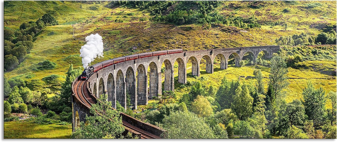 Glasbild Panorama | Wandbild aus Echtglas | Eisenbahnviadukt in Schottland | 100x40 cm | inkl. Aufhä