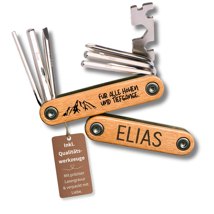 Happy Box® 9in1 Personalisiertes Fahrrad-Multitool aus Buchenholz – Graviertes Werkzeug für Papa zum