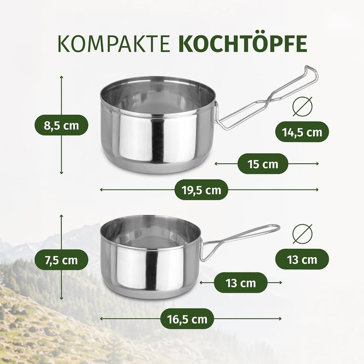 Moritz Camping Kochgeschirr Set 7-teilig Edelstahl - Topf Becher Besteck | Für 1-2 Personen, stapelb