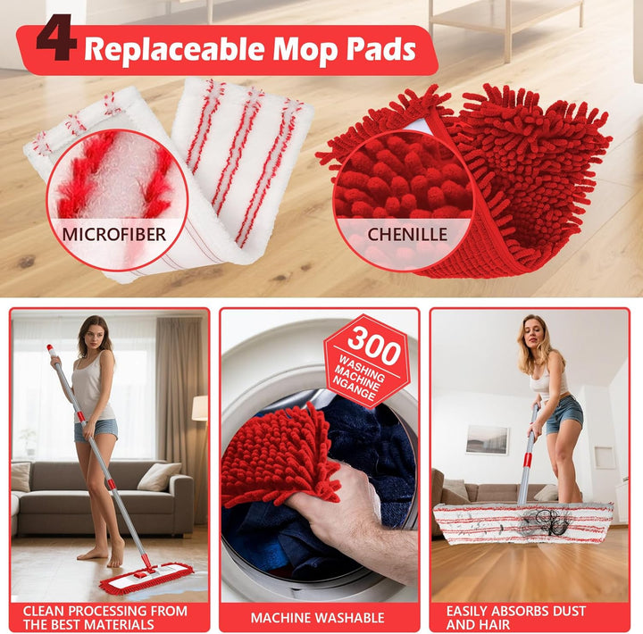 Masthome Wischmopp,Bodenwischer Set mit 4 Wischpads,Chenille Wischmopp mit 128cm Griff,Mikrofaser Wi