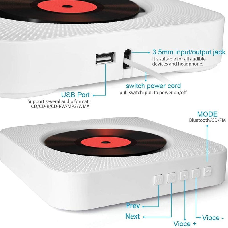 Tragbarer CD-Player mit an der Wand montierbaren Bluetooth-HiFi-Lautsprechern, Home-Audio-Boombox mi