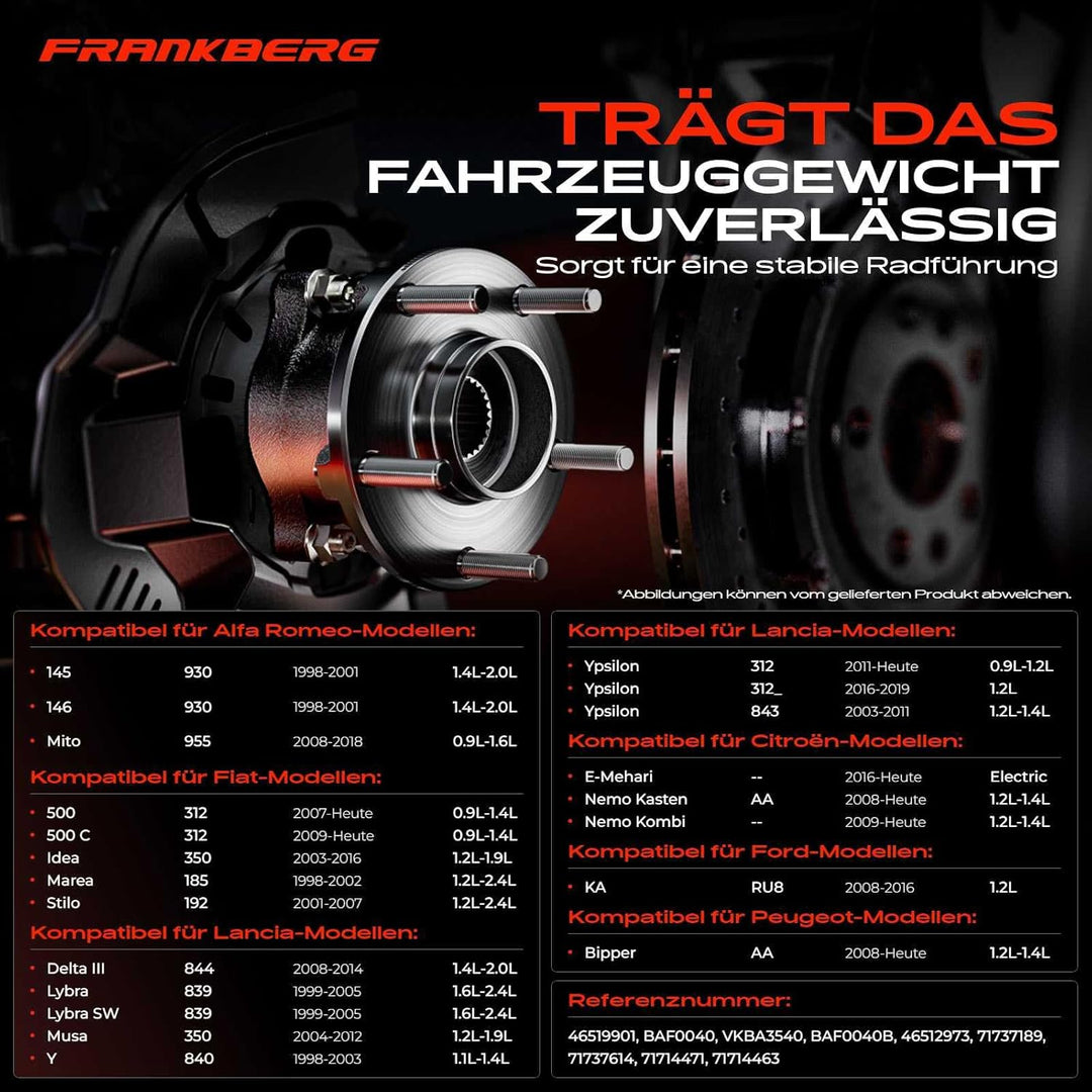 Frankberg Radnabe Radlagersatz Hinten für 145 146 Mito E-Mehari Nemo KA Delta III Lybra Musa Y Ypsil
