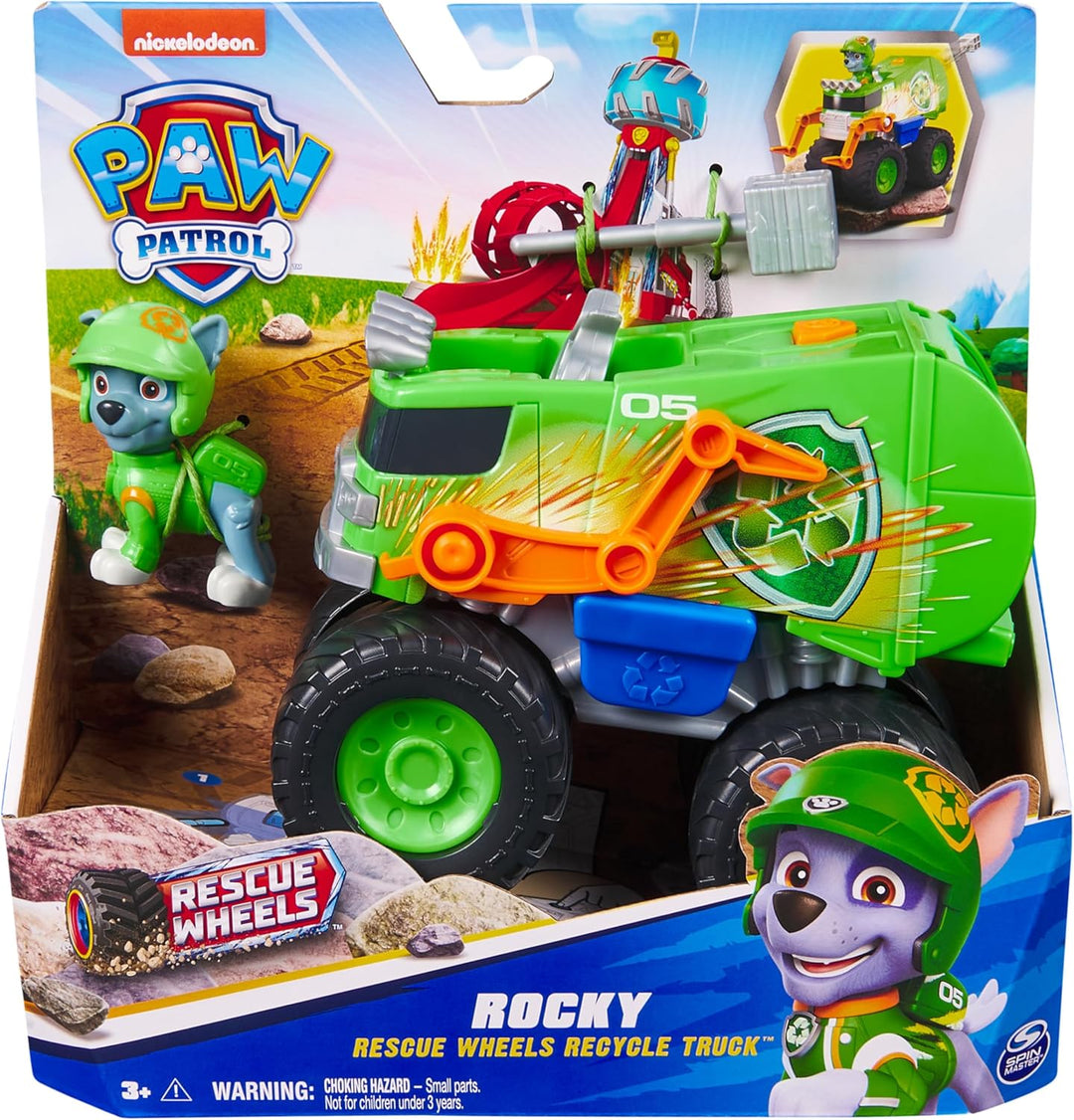PAW PATROL Rescue Wheels - Rockys Recycling Monstertruck mit Geschoss-Abwurf und Rocky Hundefigur, S