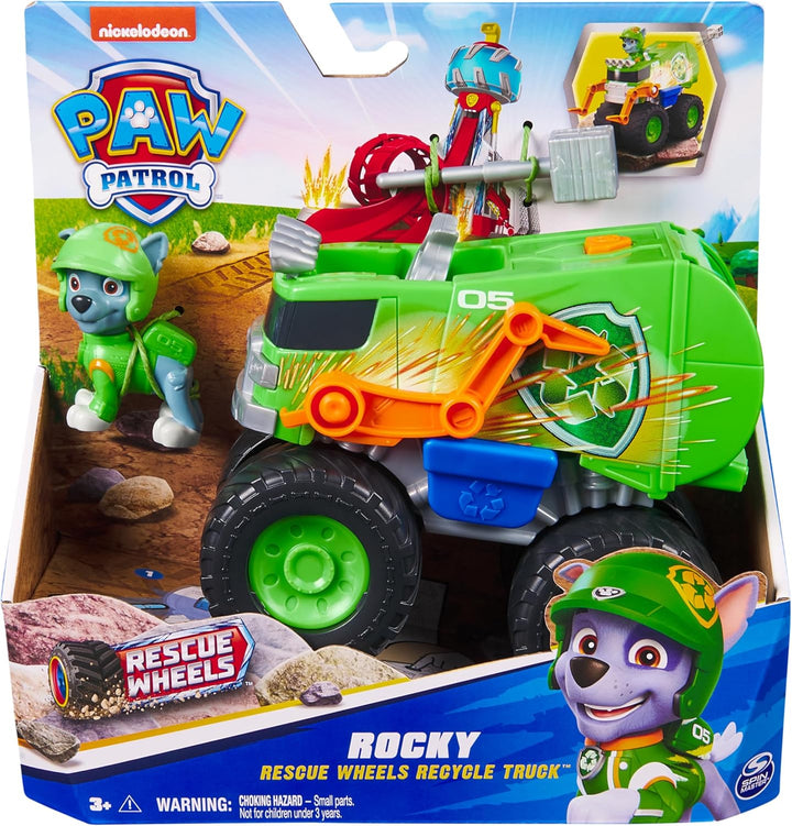 PAW PATROL Rescue Wheels - Rockys Recycling Monstertruck mit Geschoss-Abwurf und Rocky Hundefigur, S