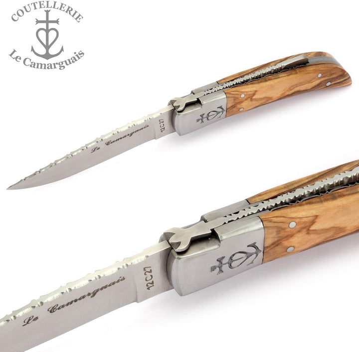 Le Camarguais 12 cm Taschenmesser 20007C - Griffschalen Oliven-Holz - Klinge 10 cm Stahl 12C27-1 Bac